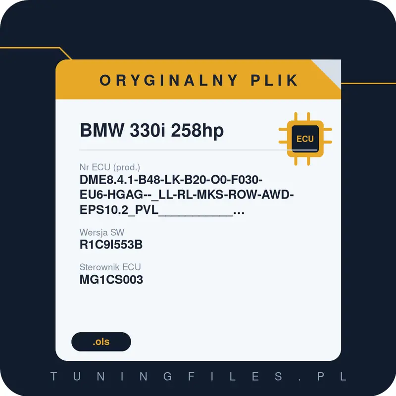 Oryginalny plik BMW 330i 258hp DME8.4.1-B48-LK-B20-O0-F030-EU6-HGAG--_LL-RL-MKS-ROW-AWD-EPS10.2_PVL___________#EPST:R1C9I553B______#R1C9I553BAIHX5 R1C9I553B