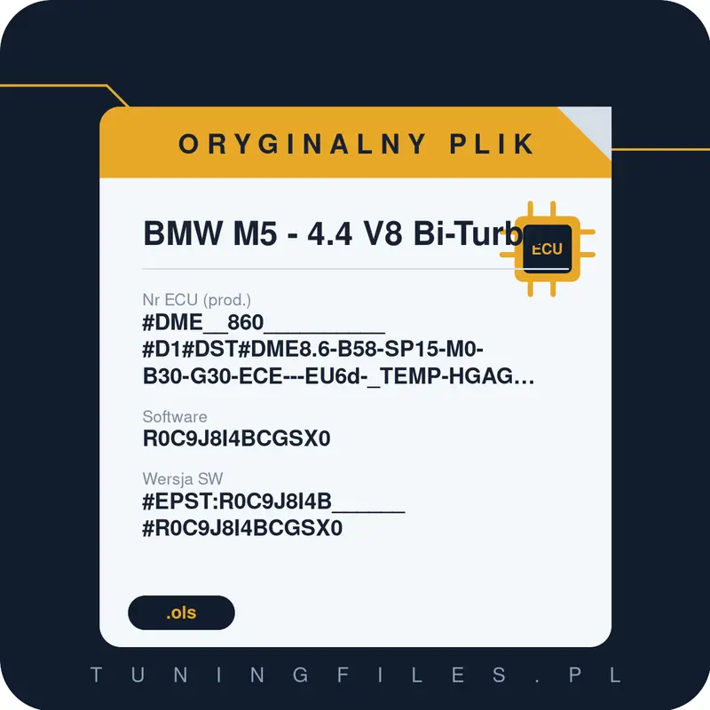 Oryginalny plik BMW M5 - 4.4 V8 Bi-Turbo #DME__860__________#D1#DST#DME8.6-B58-SP15-M0-B30-G30-ECE---EU6d-_TEMP-HGAG-LL-RL-RWD-OPF-PVL_____________ R0C9J8I4BCGSX0 #EPST:R0C9J8I4B______#R0C9J8I4BCGSX0