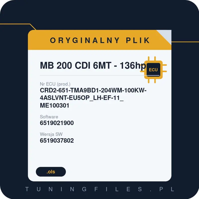 Oryginalny plik MB 200 CDI 6MT - 136hp CRD2-651-TMA9BD1-204WM-100KW-4ASLVNT-EU5OP_LH-EF-11_ME100301 6519021900 6519037802