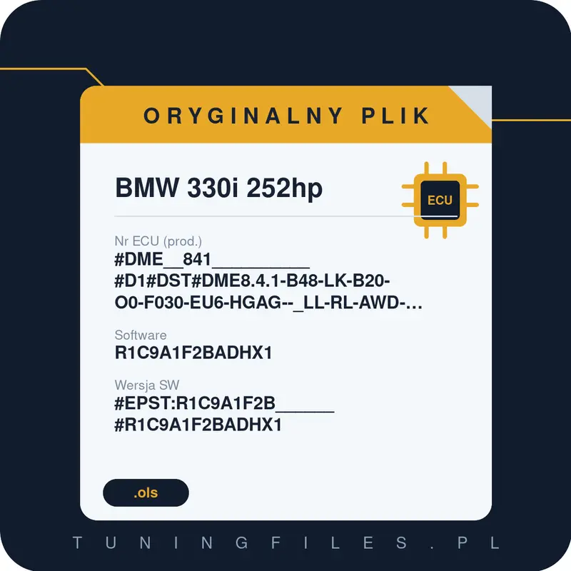 Oryginalny plik BMW 330i 252hp #DME__841__________#D1#DST#DME8.4.1-B48-LK-B20-O0-F030-EU6-HGAG--_LL-RL-AWD-EPS10.2_PVL___________________ R1C9A1F2BADHX1 #EPST:R1C9A1F2B______#R1C9A1F2BADHX1