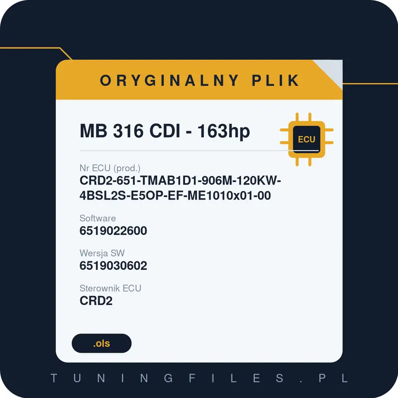Oryginalny plik MB 316 CDI - 163hp CRD2-651-TMAB1D1-906M-120KW-4BSL2S-E5OP-EF-ME1010x01-00 6519022600 6519030602