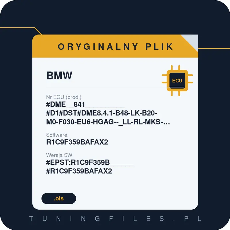 Oryginalny plik BMW #DME__841__________#D1#DST#DME8.4.1-B48-LK-B20-M0-F030-EU6-HGAG--_LL-RL-MKS-ROW-RWD-EPS11_PVL_____________ R1C9F359BAFAX2 #EPST:R1C9F359B______#R1C9F359BAFAX2