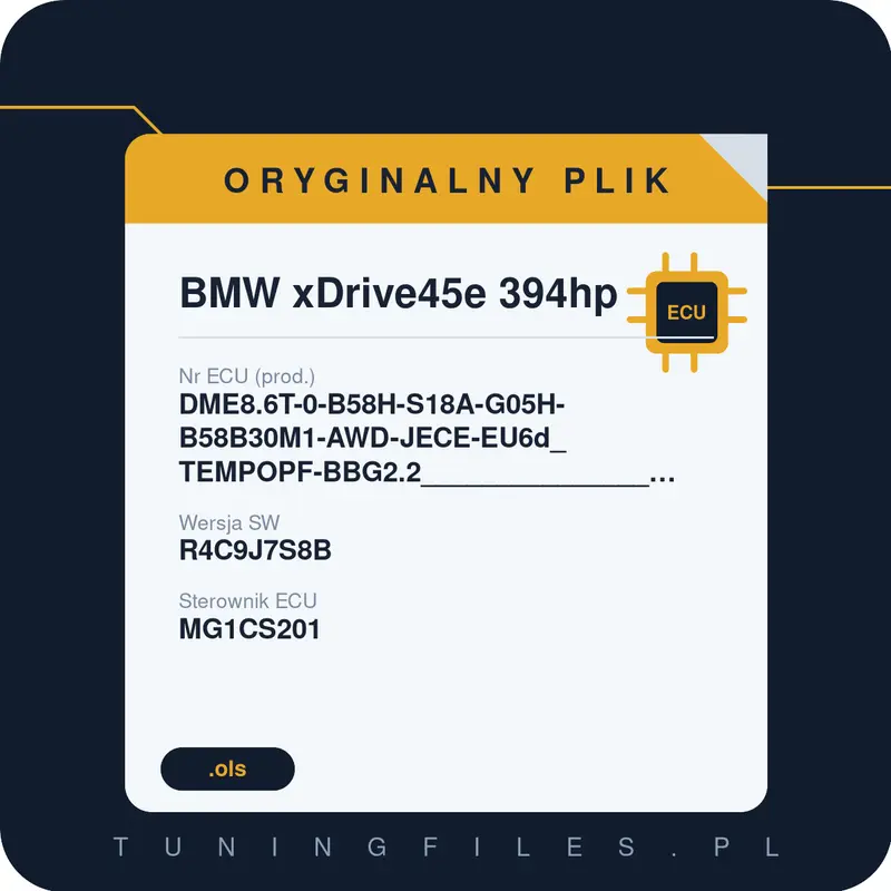 Oryginalny plik BMW xDrive45e 394hp DME8.6T-0-B58H-S18A-G05H-B58B30M1-AWD-JECE-EU6d_TEMPOPF-BBG2.2______________________________________#R4C9J7S8BRAAY0 R4C9J7S8B