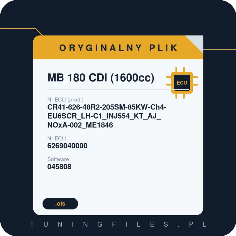 Oryginalny plik MB 180 CDI (1600cc) CR41-626-48R2-205SM-85KW-Ch4-EU6SCR_LH-C1_INJ554_KT_AJ_NOxA-002_ME1846 6269040000 045808 6269021000 - 6269033201